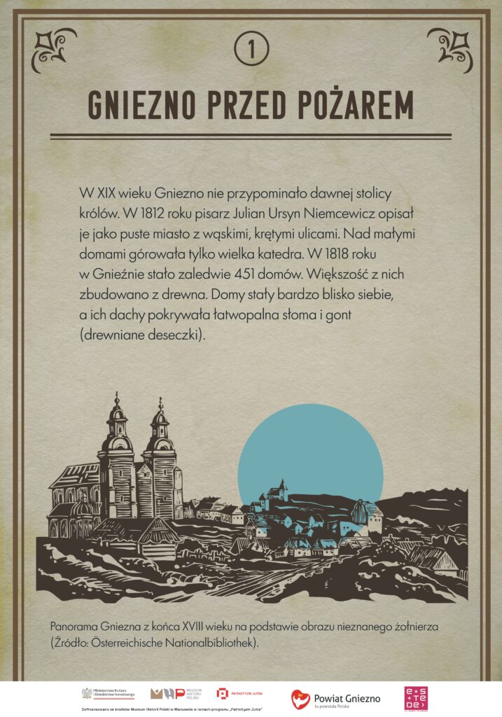 Stylizowana ilustracja drewnianego domu krytego strzechą. Ogień obejmuje prawą część budynku i wznosi się wysoko ponad dach. Rysunek obrazuje zagrożenie pożarowe związane z drewnianą zabudową Gniezna w XIX wieku. Na tle domu po lewej stronie widać zielone koło.