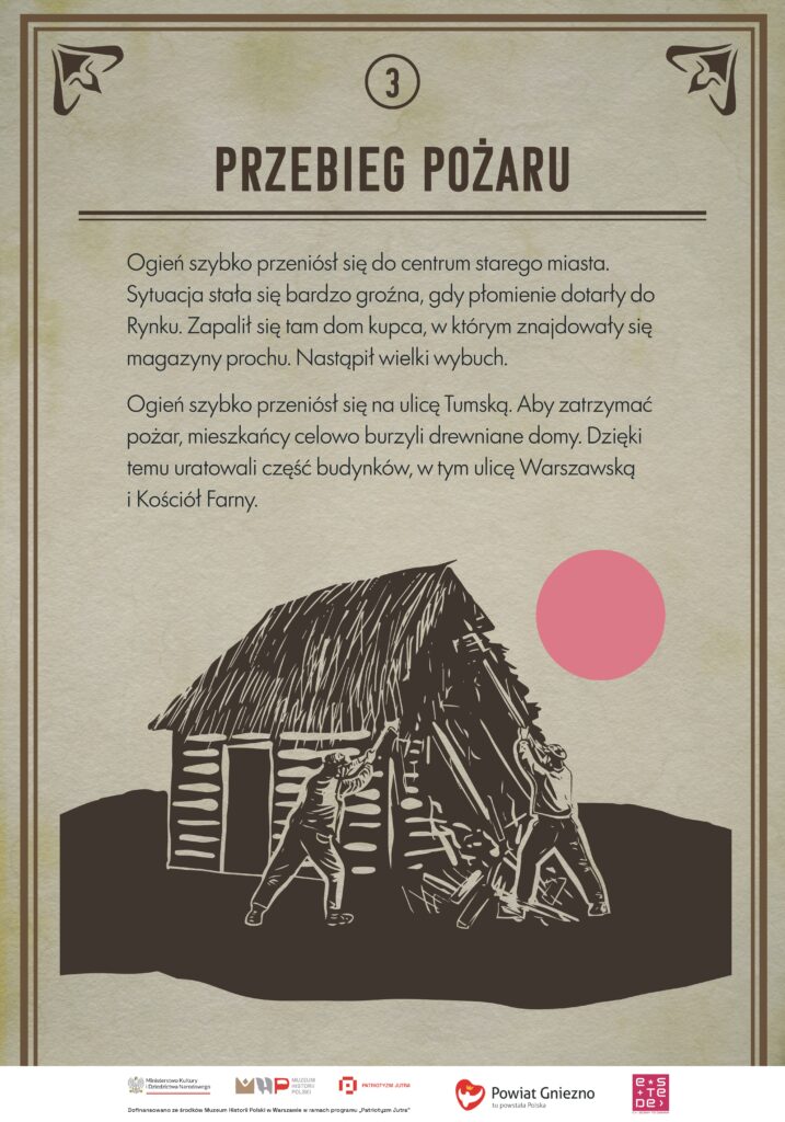 Ilustracja przedstawia dwóch mężczyzn w historycznych strojach, którzy za pomocą narzędzi rozbierają drewniany dom. Jeden odciąga element konstrukcji, drugi podważa drewniane części budynku. W tle widoczny jest zarys dachu. Po prawej stronie znajduje się różowe koło. Scena obrazuje celowe burzenie domów, aby powstrzymać rozprzestrzenianie się pożaru.