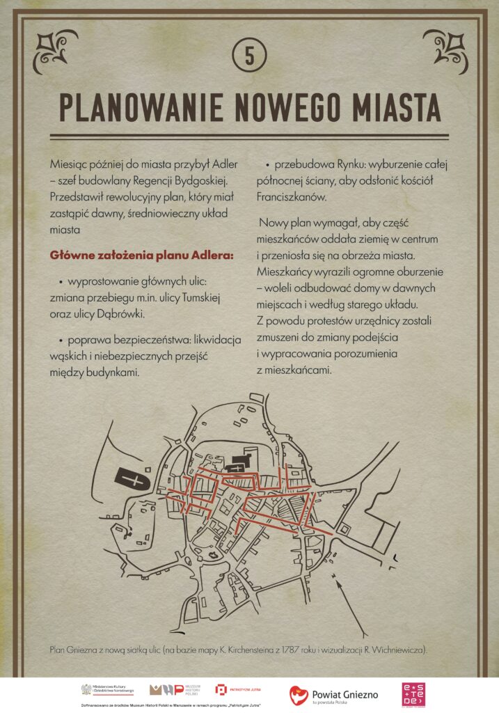 Schematyczny plan Gniezna z zaznaczonym na czerwono projektowanym układem ulic. Cienkie, ciemne linie przedstawiają istniejącą zabudowę i przebieg ulic, a czerwone linie wskazują współczesny układ ulic.Plan ilustruje koncepcję przebudowy Gniezna po pożarze.