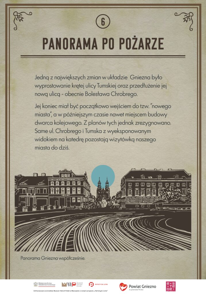 Panorama współczesnego Gniezna. Po obu stronach szerokiej ulicy stoją wielopiętrowe kamienice. Na wprost, pomiędzy budynkami, widoczne są dwie wieże katedry. Na tle katedry widać niebieskie koło. Linie na pierwszym planie podkreślają perspektywę ulicy i kierują wzrok ku katedrze.